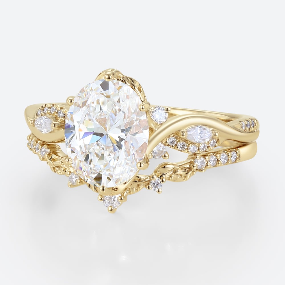 2ct Oval Lab Grown Diamond Ring​ Set Vine-Inspired 6-Prong Bridal Ring Set in Yellow Gold