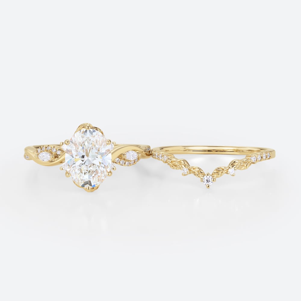 2ct Oval Lab Grown Diamond Ring​ Set Vine-Inspired 6-Prong Bridal Ring Set in Yellow Gold