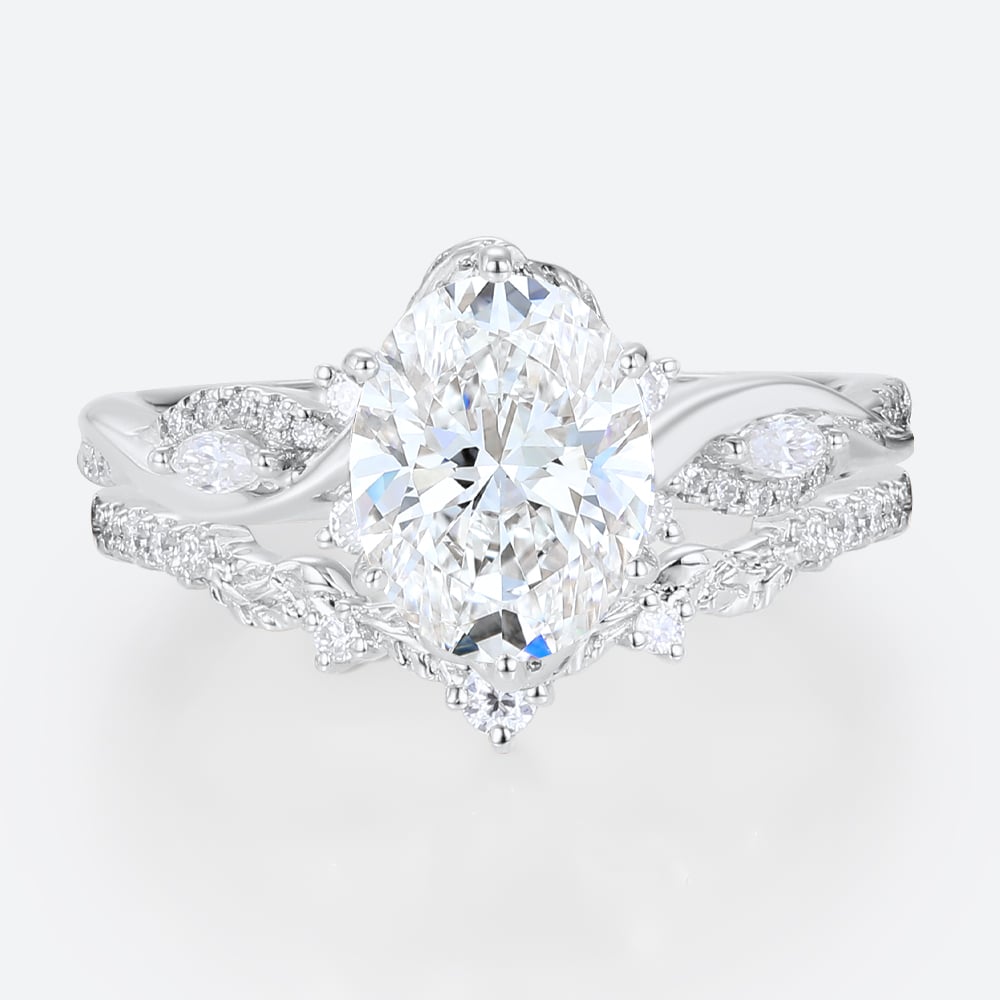 2ct Oval Lab Grown Diamond Ring​ Set Vine-Inspired 6-Prong Bridal Ring Set in White Gold