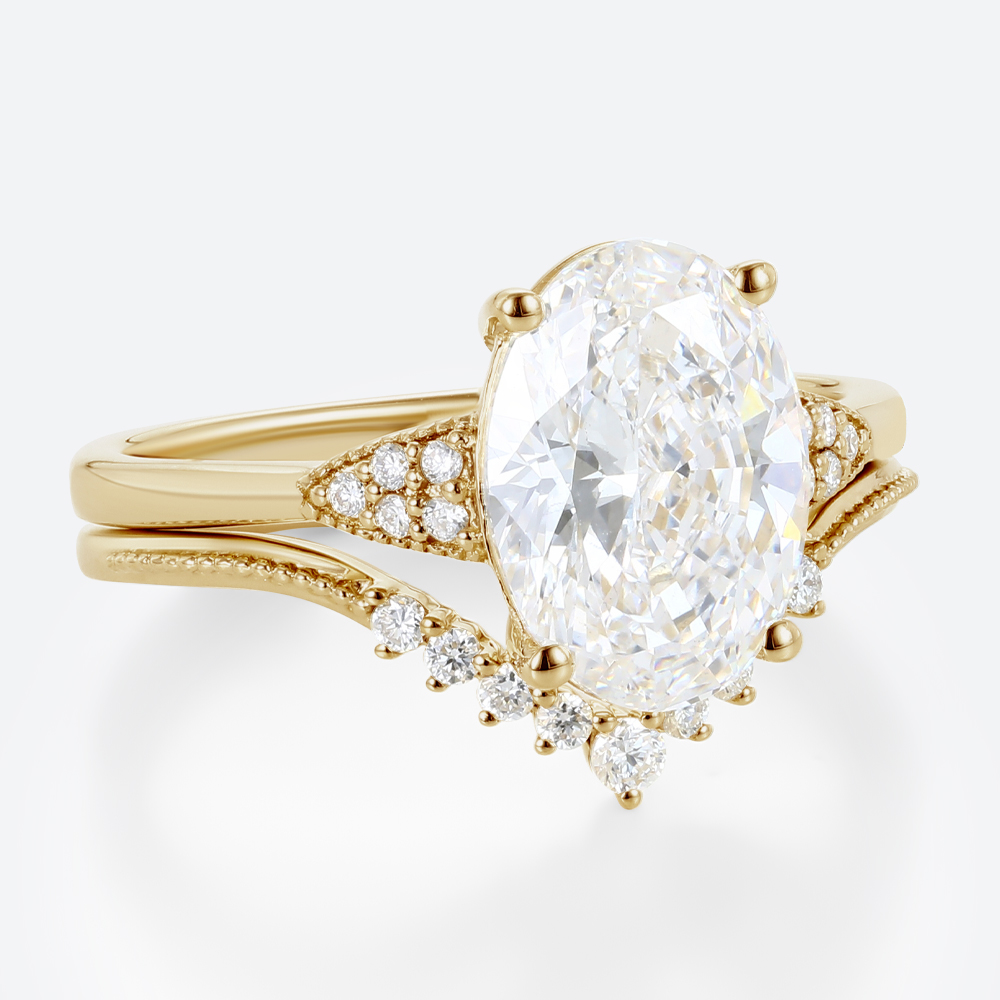 2.5ct Lab Grown Diamond Rings​ Set Vintage Milgrain Oval 4-Prong Bridal Ring Set in Yellow Gold