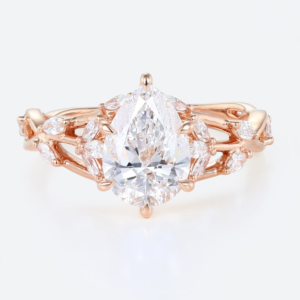 2ct Lab Diamond Engagement Rings Pear Cut Leaf-Inspired 6 Claw Prong Engagement Ring in Rose Gold