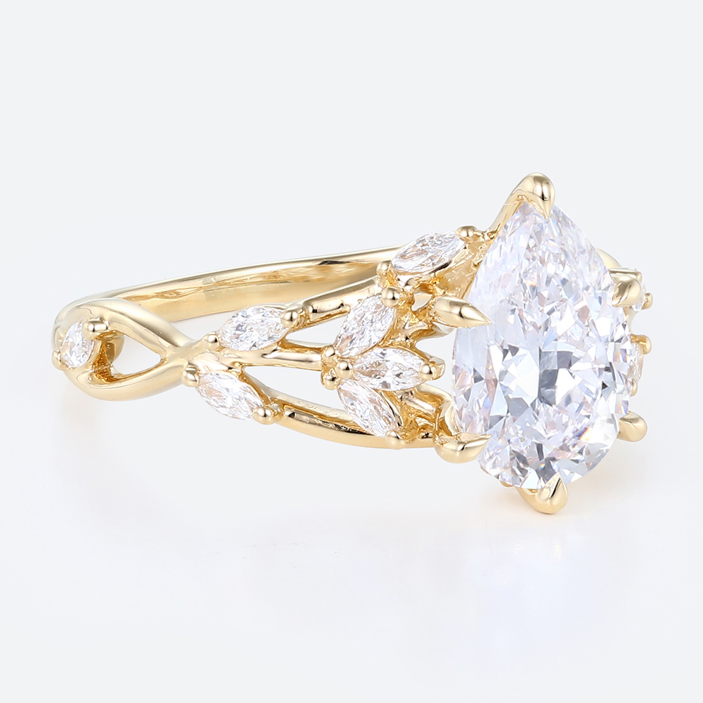 2ct Lab Diamond Engagement Rings Pear Cut Leaf-Inspired 6 Claw Prong Engagement Ring in Yellow Gold