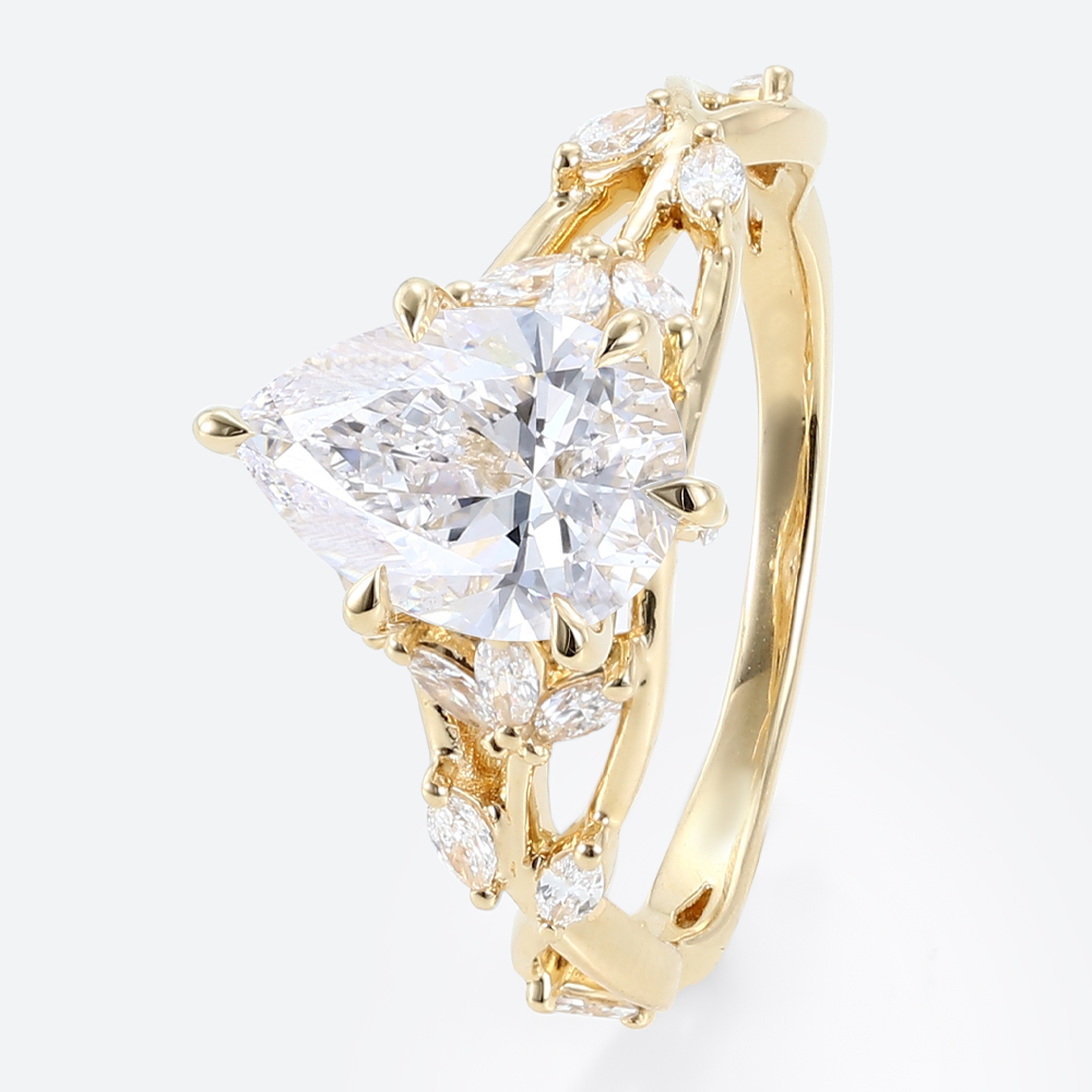 2ct Lab Diamond Engagement Rings Pear Cut Leaf-Inspired 6 Claw Prong Engagement Ring in Yellow Gold