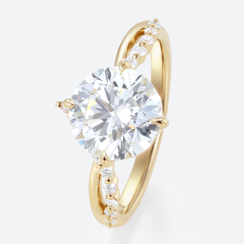 Round 2 Carat Lab Grown Diamond Ring ​Chevron 4 Claw Prong Engagement Ring in Yellow Gold