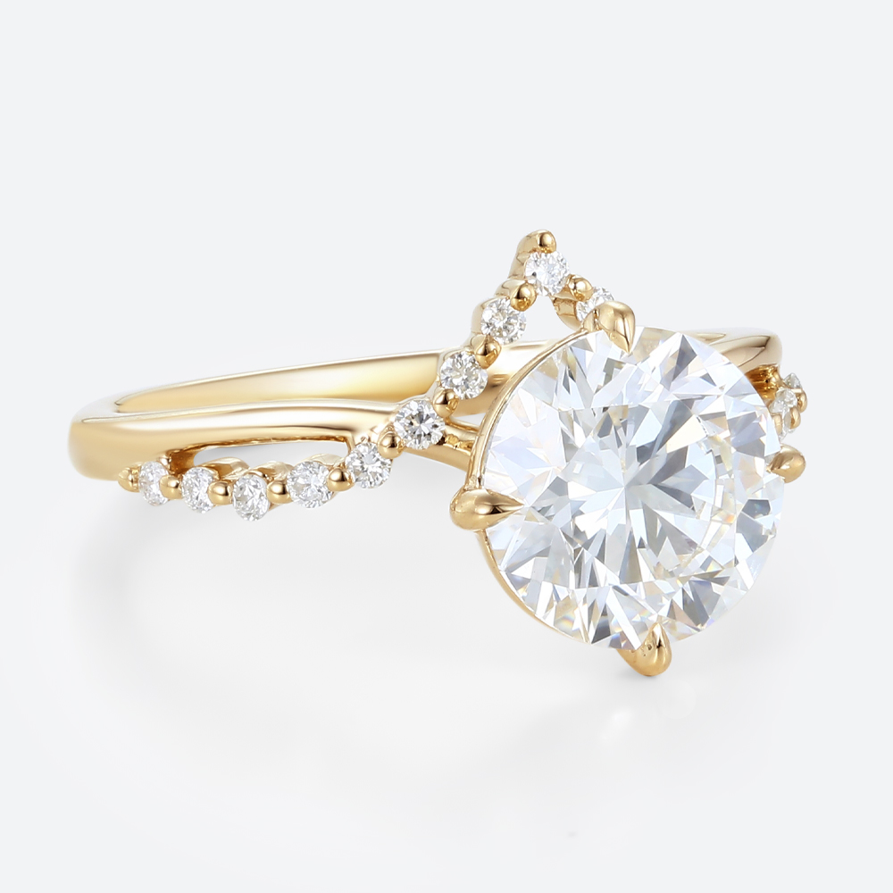 Round 2 Carat Lab Grown Diamond Ring ​Chevron 4 Claw Prong Engagement Ring in Yellow Gold