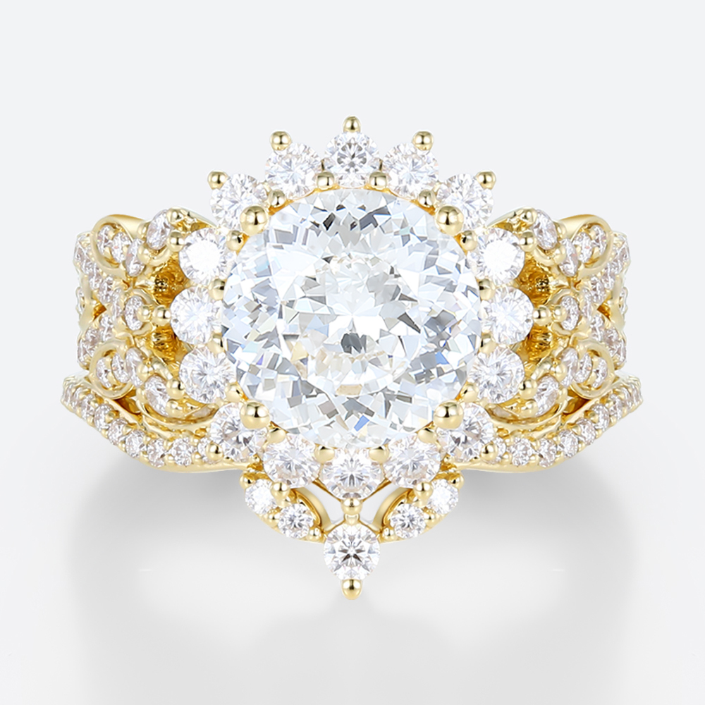 Halo Lab Diamond Ring Set 2ct Round Luxury 4-Claw Prong Bridal Ring in Yellow Gold