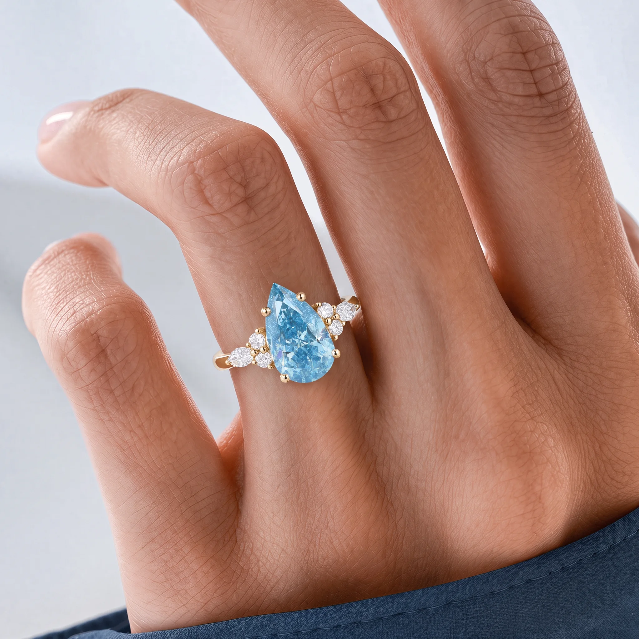2ct Pear Cut Lab Grown Blue Diamond Marquise Accent Engagement Ring in Yellow Gold