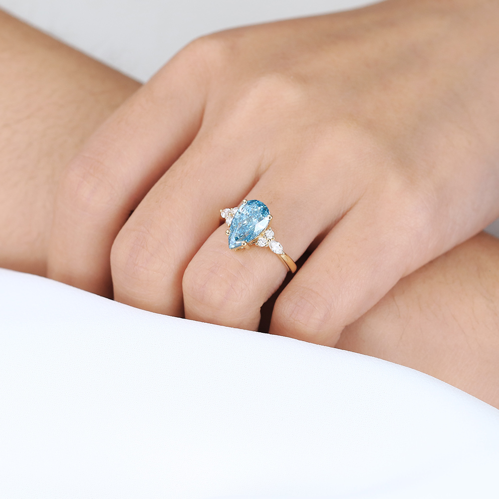 2ct Lab Fancy Blue Diamond Rings Pear Shaped 4-Prong Engagement Ring in Yellow Gold