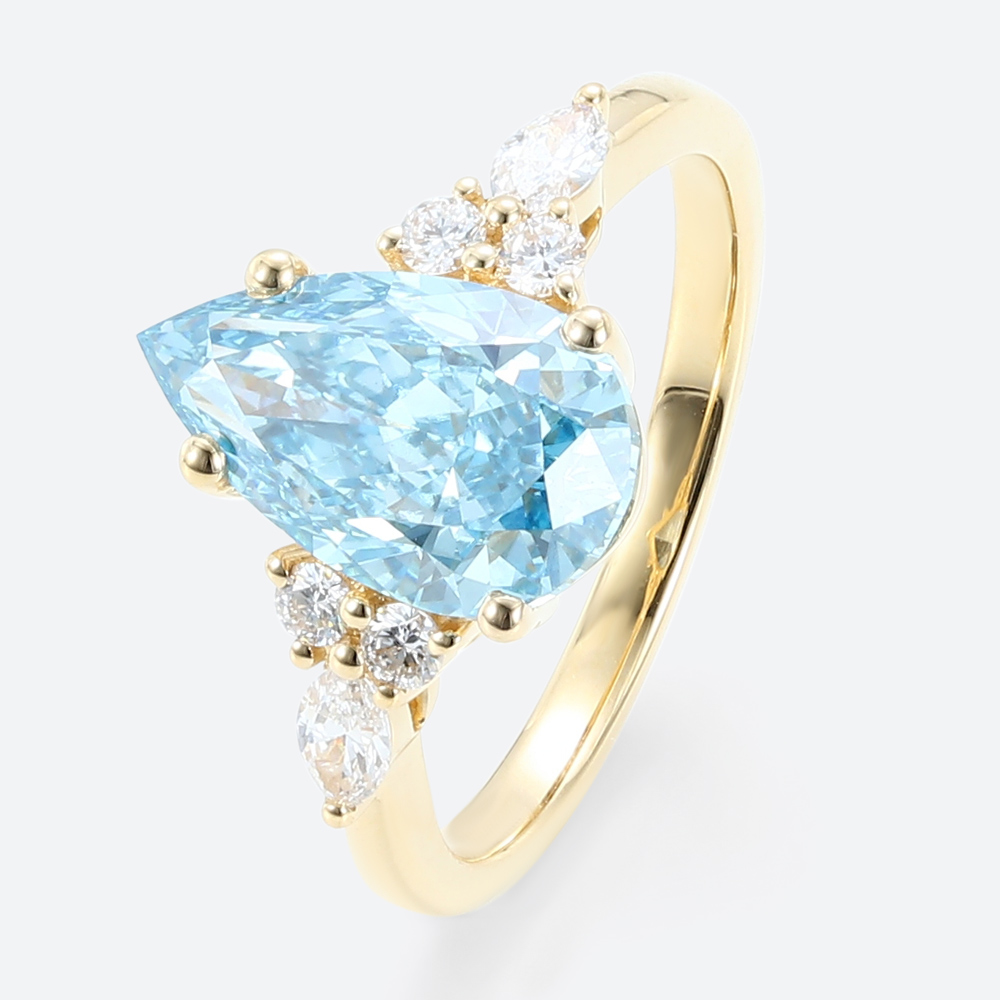 2ct Lab Fancy Blue Diamond Rings Pear Shaped 4-Prong Engagement Ring in Yellow Gold