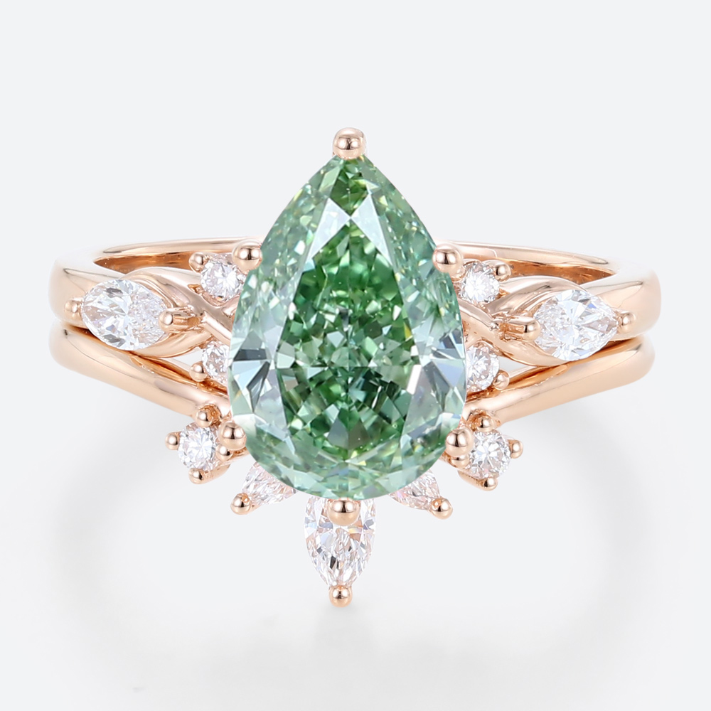 2ct Lab Green Diamond Ring Set Pear Cut Fancy GreenDiamond 6-Prong Bridal Ring Set in Rose Gold