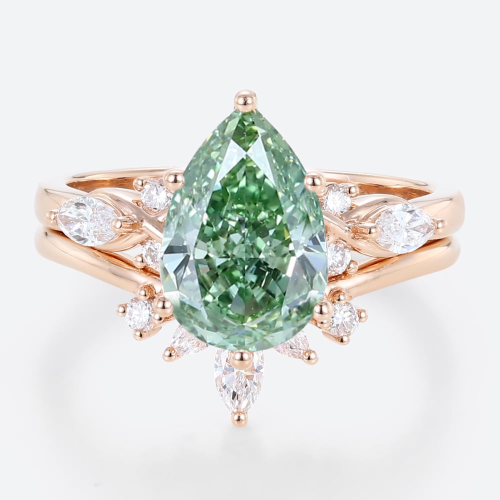 2ct Lab Green Diamond Ring Set Pear Cut Fancy GreenDiamond 6-Prong Bridal Ring Set in Rose Gold