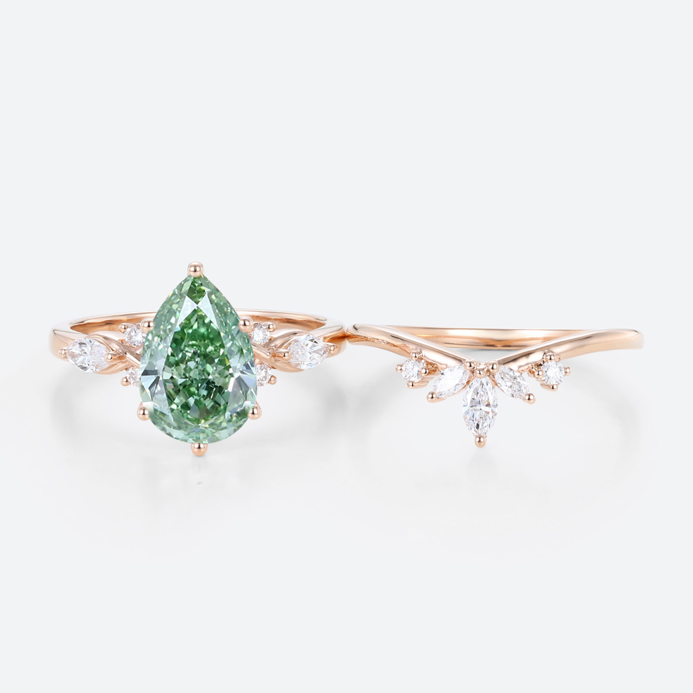 2ct Lab Green Diamond Ring Set Pear Cut Fancy GreenDiamond 6-Prong Bridal Ring Set in Rose Gold