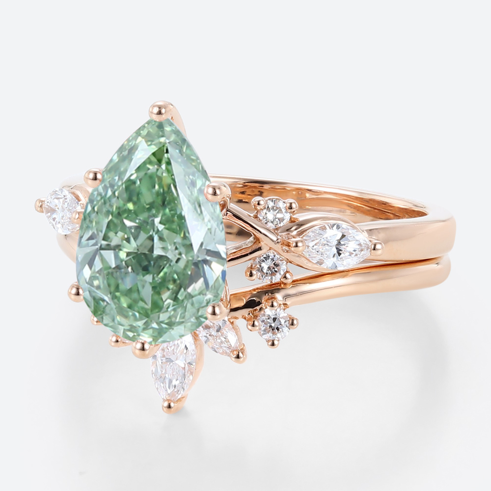 2ct Lab Green Diamond Ring Set Pear Cut Fancy GreenDiamond 6-Prong Bridal Ring Set in Rose Gold