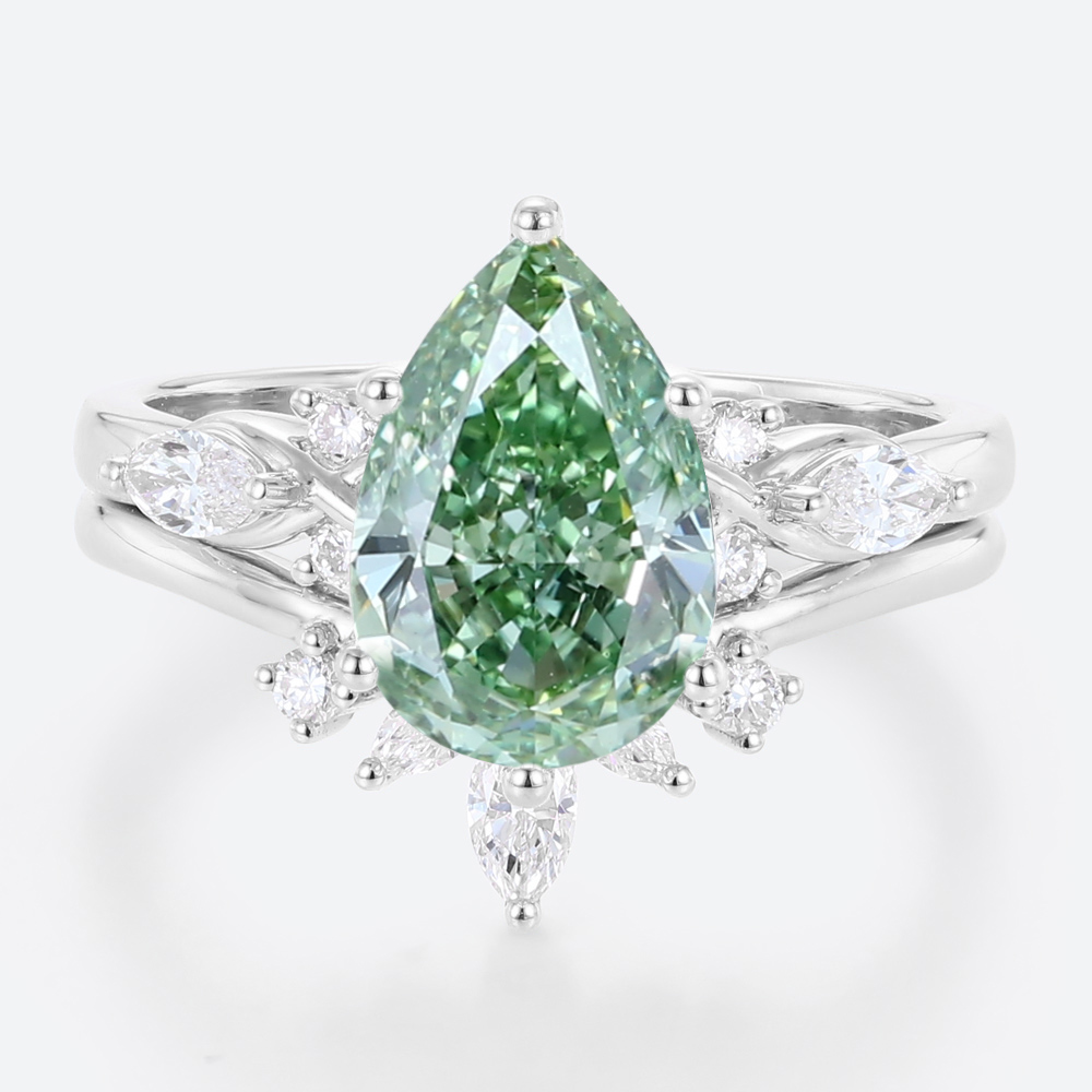 2ct Lab Green Diamond Ring Set Pear Cut Fancy GreenDiamond 6-Prong Bridal Ring Set in White Gold