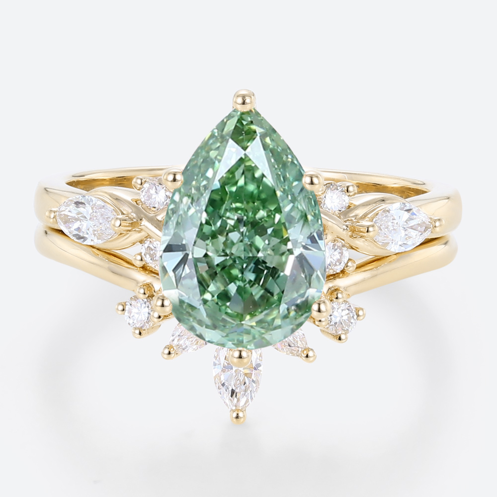 2ct Lab Green Diamond Ring Set Pear Cut Fancy GreenDiamond 6-Prong Bridal Ring Set in Yellow Gold