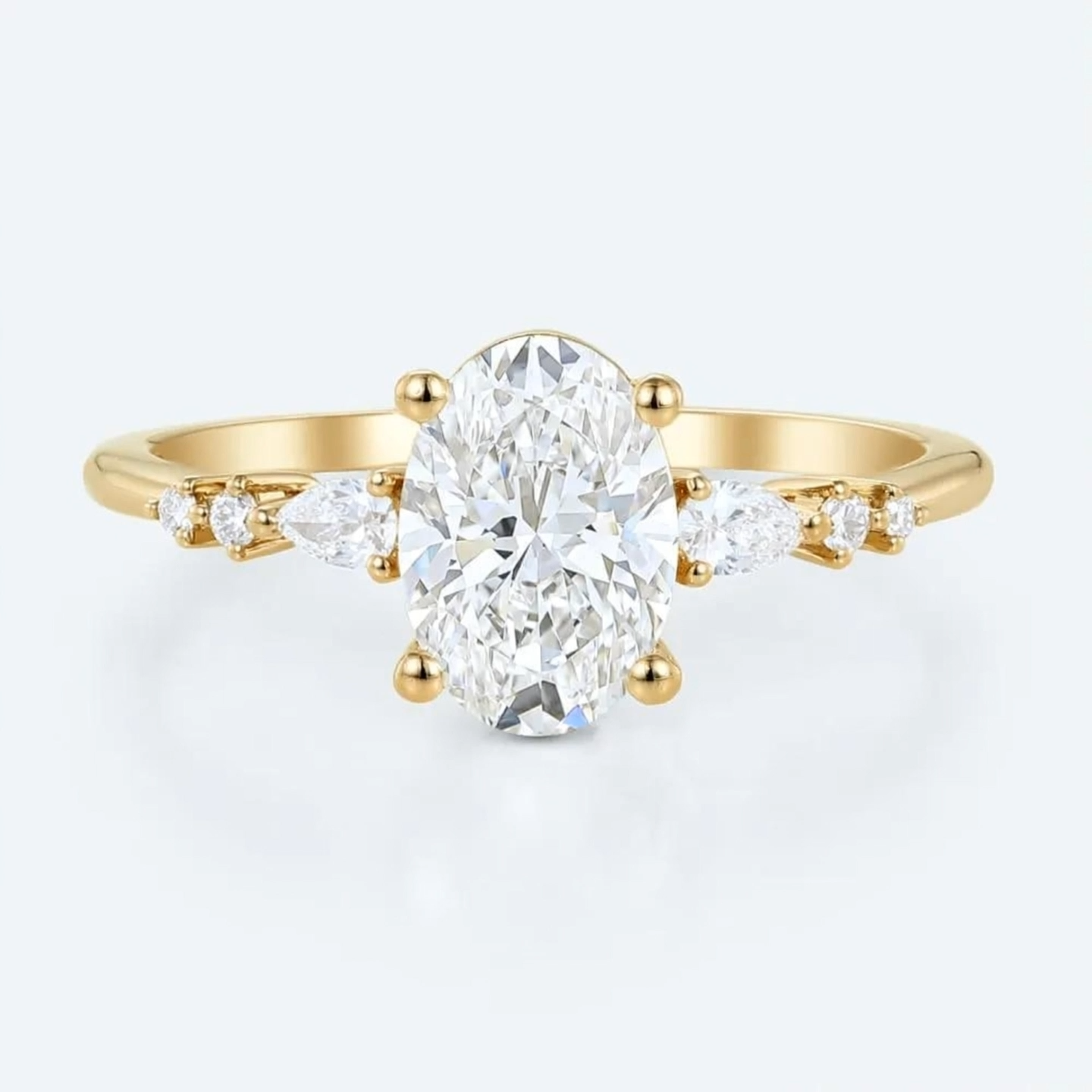 1ct Oval Cut Lab Grown Diamond Twin Pear Side-Stone Cluster Engagement Ring in Yellow Gold
