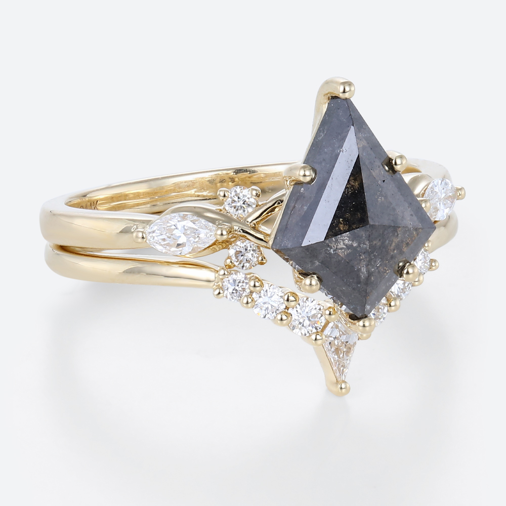 Yellow Gold Kite Cut Salt And Pepper Diamond Ring Bridal Wedding Ring Sets