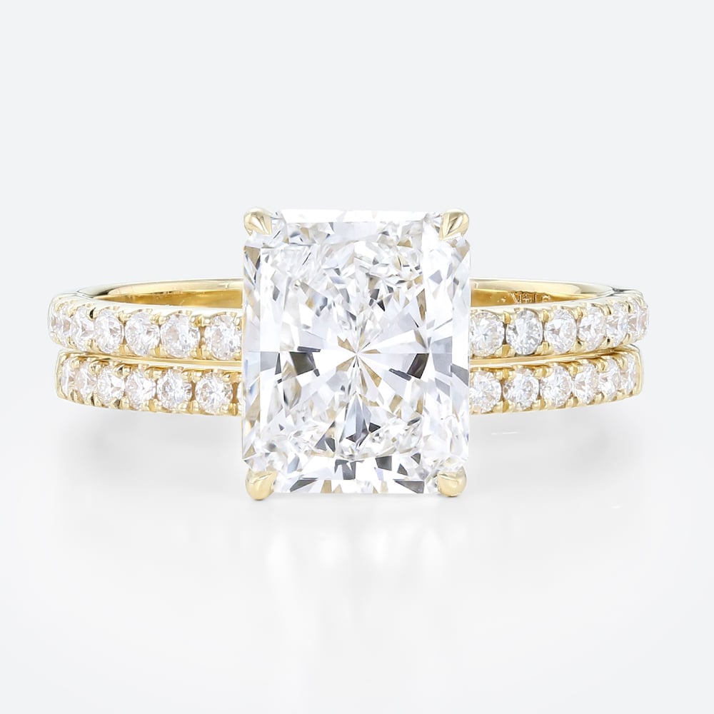 3.5ct Radiant Lab Diamond Ring Set Seamless Pavé Bridal Ring in Yellow Gold