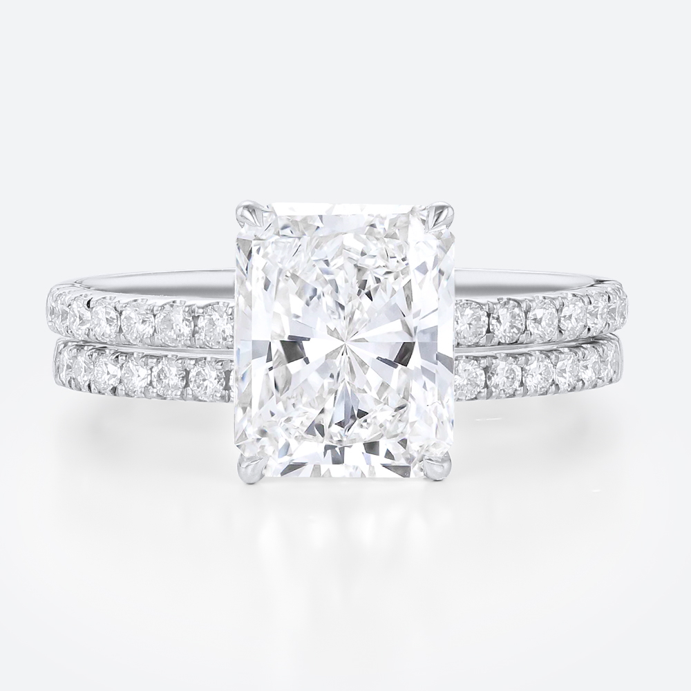 3.5ct Radiant Lab Diamond Ring Set Seamless Pavé Bridal Ring in White Gold