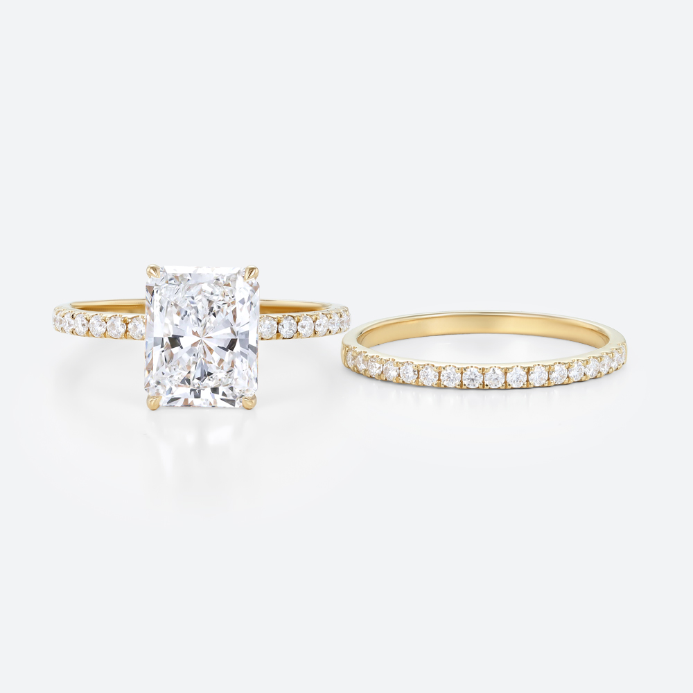 3.5ct Radiant Lab Diamond Ring Set Seamless Pavé Bridal Ring in Yellow Gold