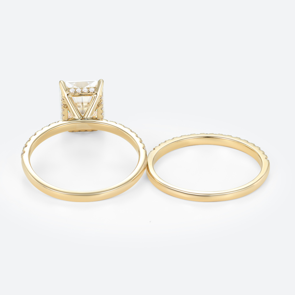 3.5ct Radiant Lab Diamond Ring Set Seamless Pavé Bridal Ring in Yellow Gold
