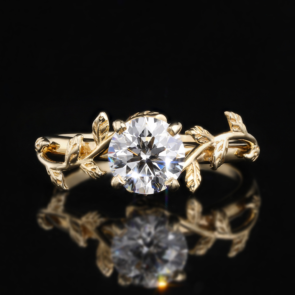1ct Round Cut Lab Grown Diamond Sculpted Leaf Solitaire Engagement Ring in Yellow Gold