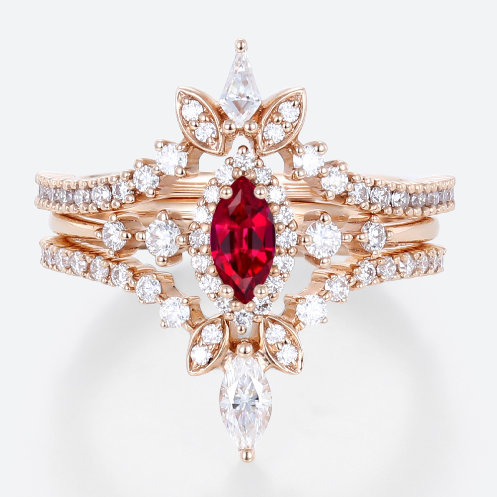 3PCS Marquise Cut 0.25ct Lab Ruby Ring with Double Pave Band in Rose Gold