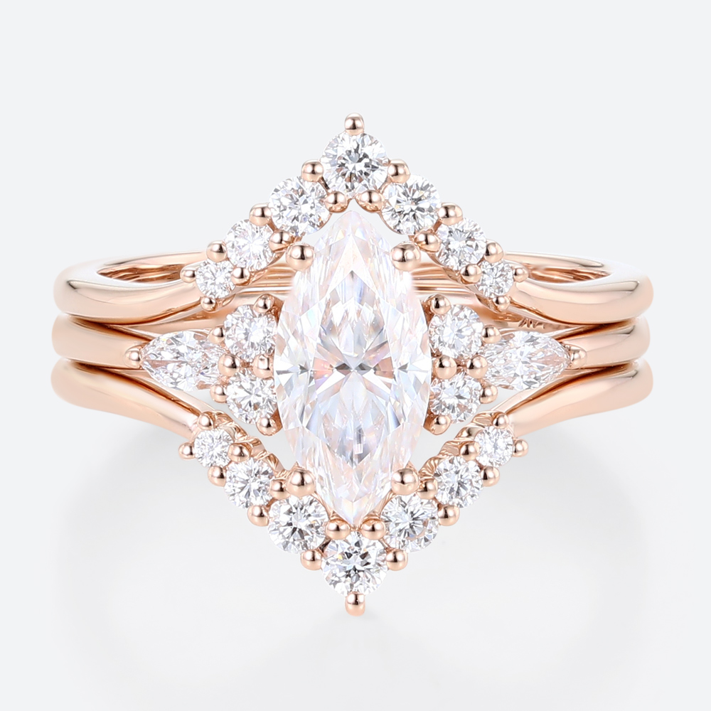 3PCS Marquise Moissanite Ring Chevron Stacking Bridal Ring Set in Rose Gold