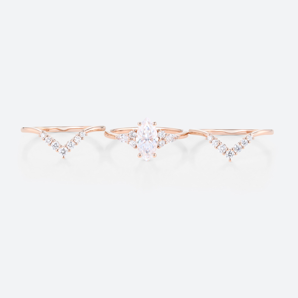 3PCS Marquise Moissanite Ring​ Chevron Stacking Bridal Ring Set in Rose Gold