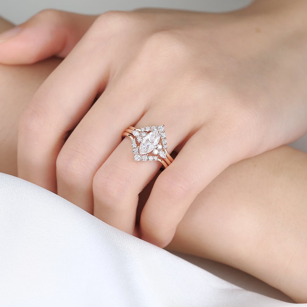 3PCS Marquise Moissanite Ring​ Chevron Stacking Bridal Ring Set in Rose Gold