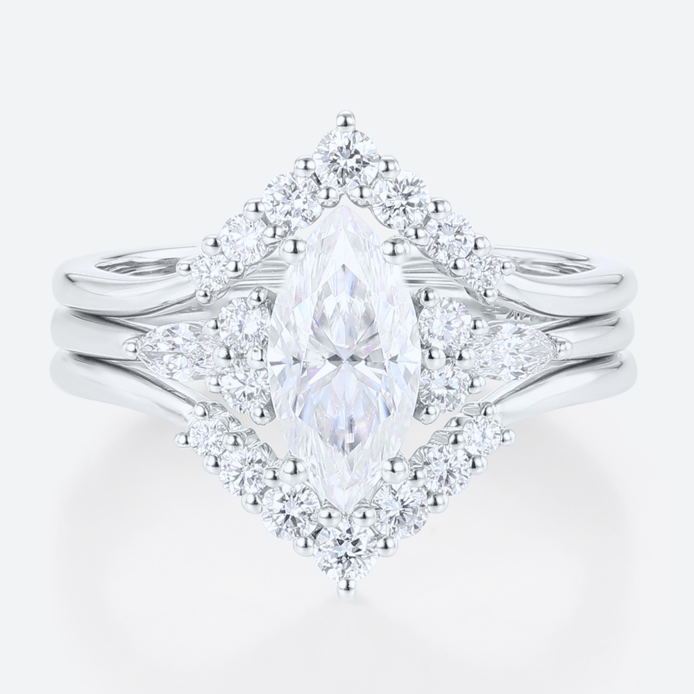 3PCS Marquise Moissanite Ring​ Chevron Stacking Bridal Ring Set in White Gold
