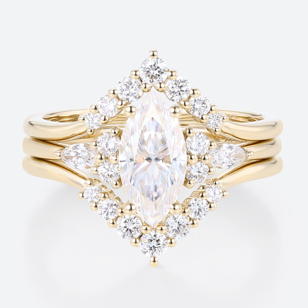 3PCS Marquise Moissanite Ring​ Chevron Stacking Bridal Ring Set in Yellow Gold