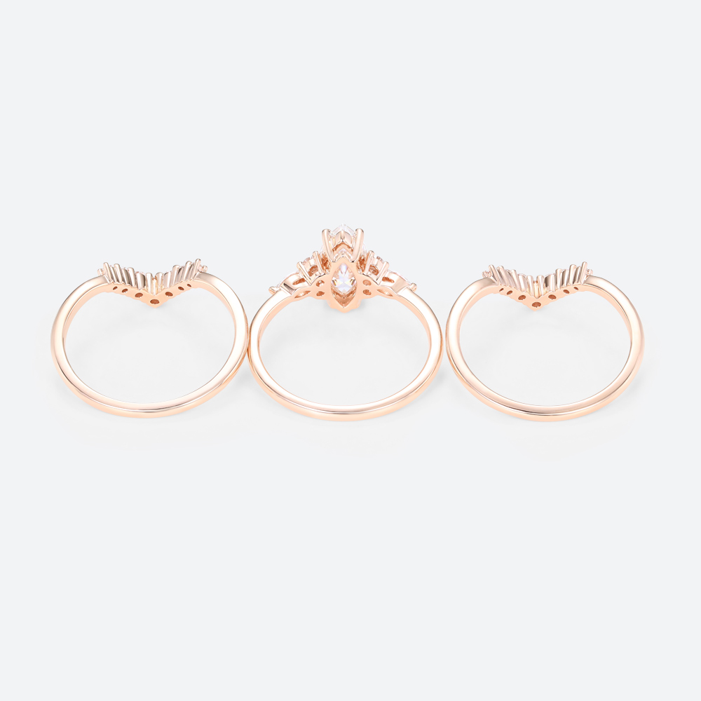 3PCS Marquise Moissanite Ring​ Chevron Stacking Bridal Ring Set in Rose Gold