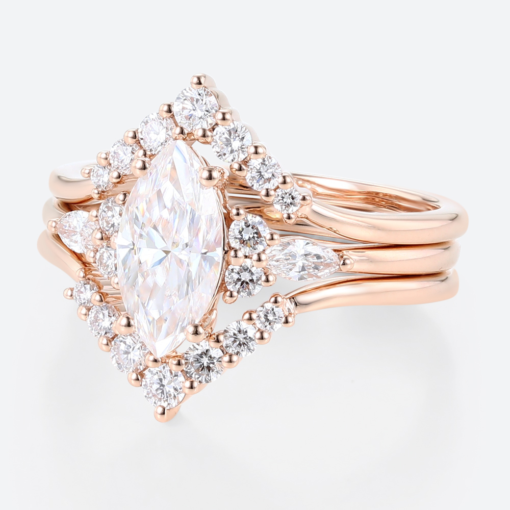 3PCS Marquise Moissanite Ring​ Chevron Stacking Bridal Ring Set in Rose Gold