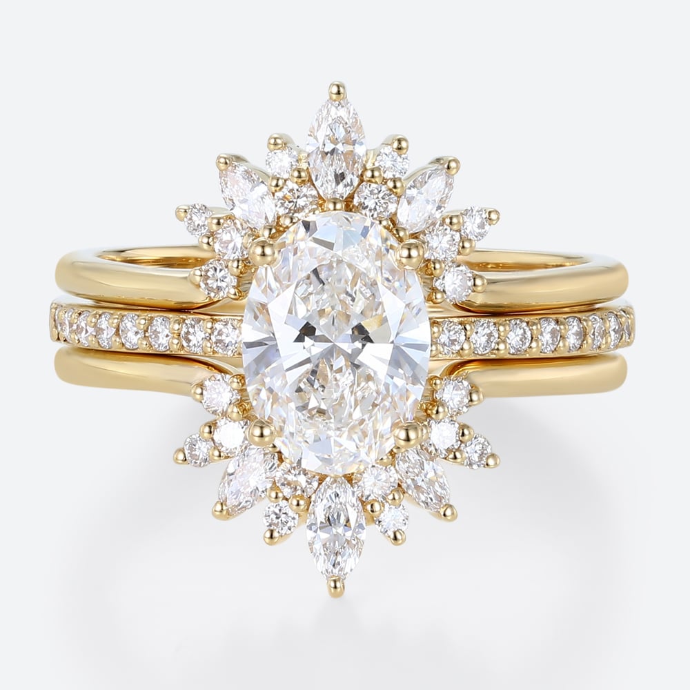 Lab Grown Diamond Engagement Ring Trio Wedding Ring Set Pave Rings