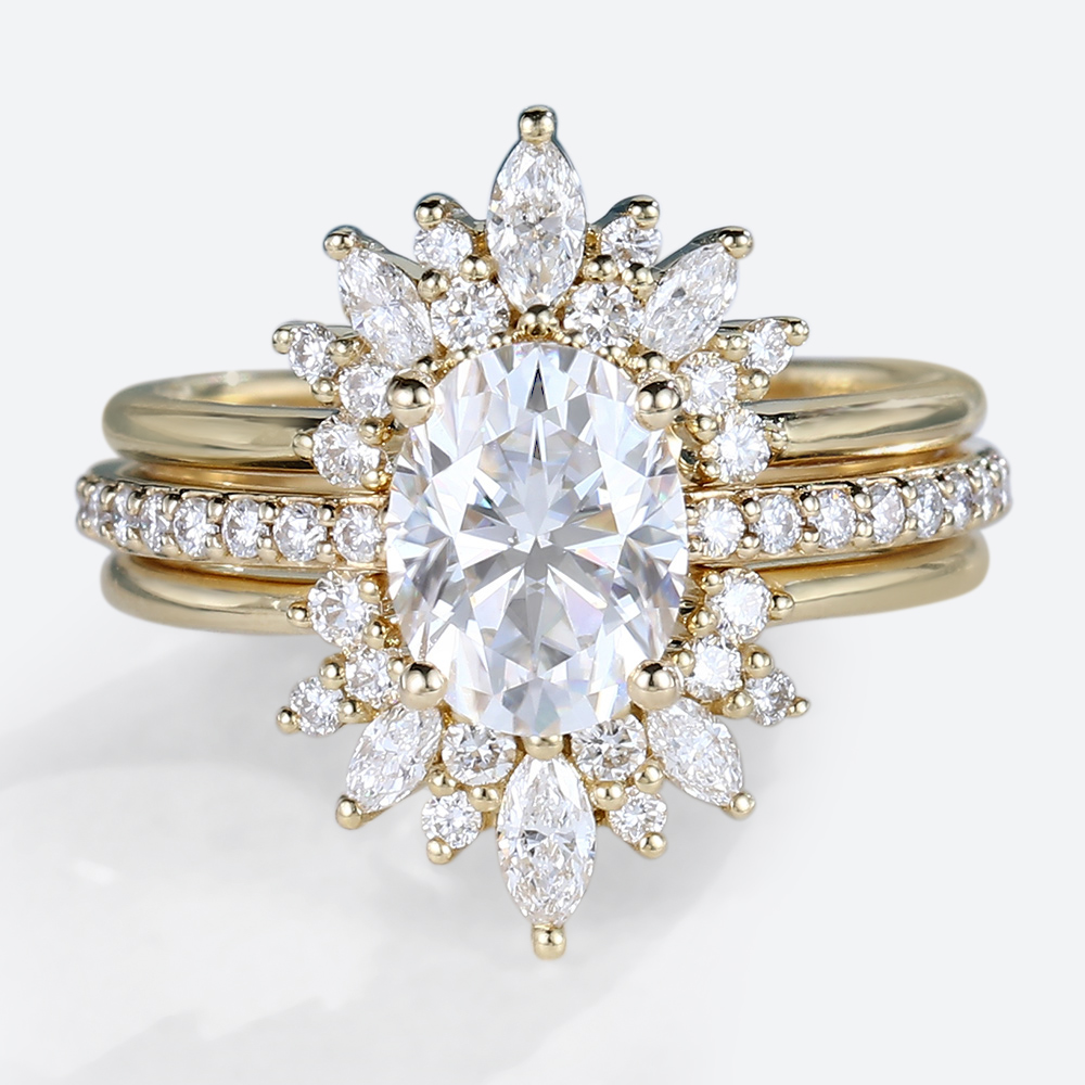 Lab Grown Diamond Engagement Ring Trio Wedding Ring Set Pave Rings