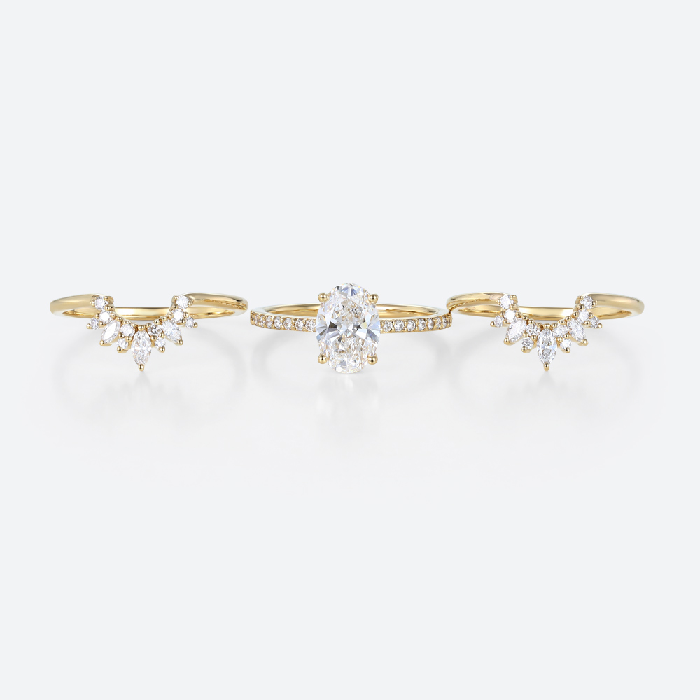 3PCS Oval Cut Lab Grown Diamond Pave Engagement Rings Gorgeous Bridal Set