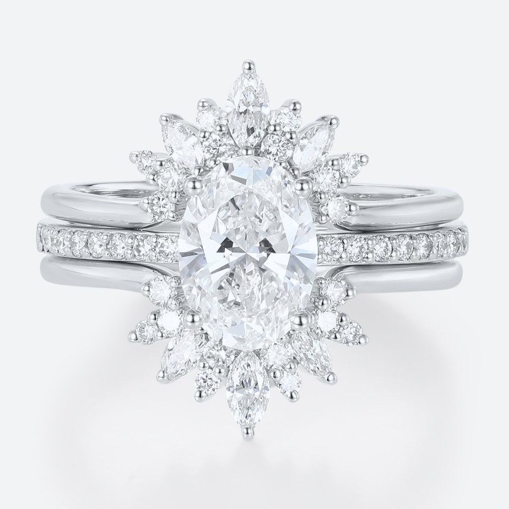 3PCS Oval Cut Lab Grown Diamond Pave Engagement Rings Gorgeous Bridal Set in white gold