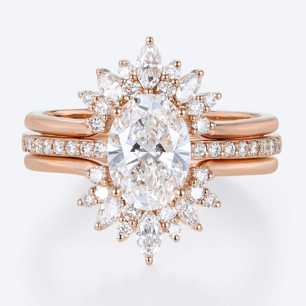 3PCS Oval Cut Lab Grown Diamond Pave Engagement Rings Gorgeous Bridal Set in rose gold