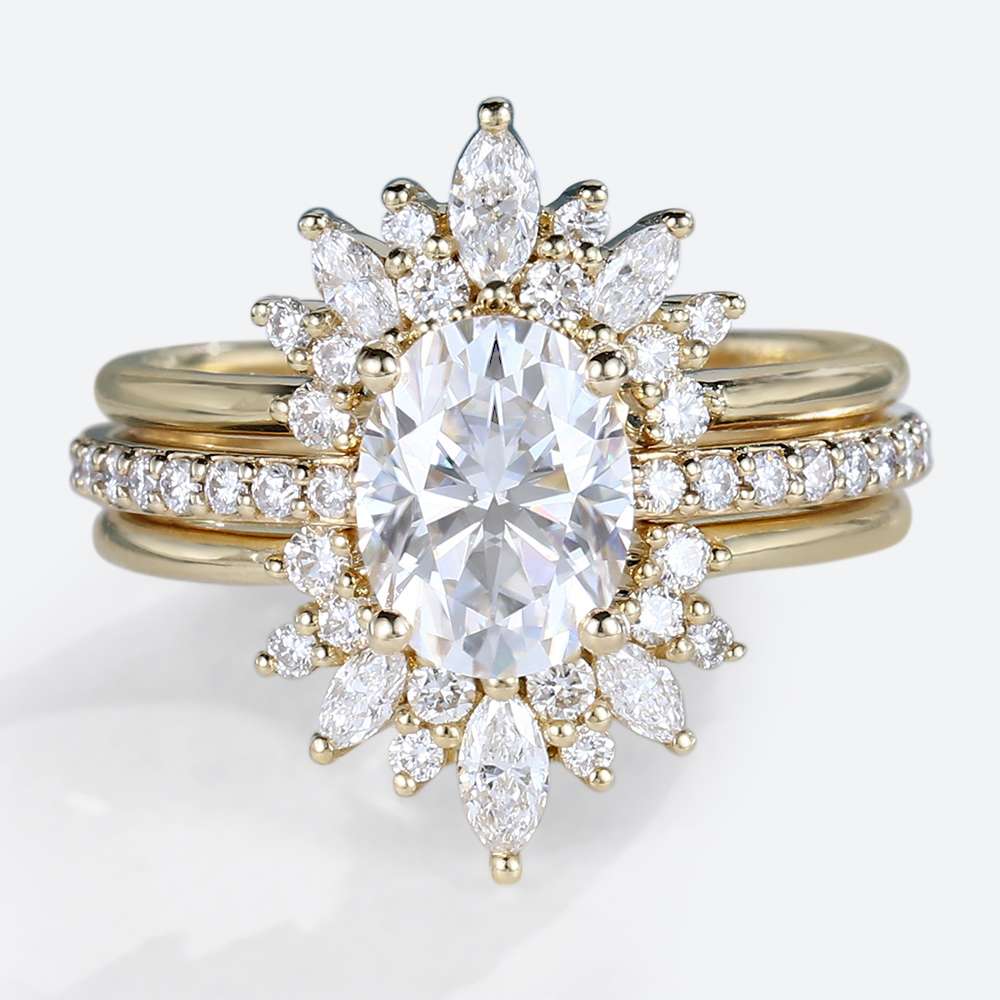 Three Piece Wedding Ring Set yellow gold 2 Carat Moissanite Stacking Rings Set