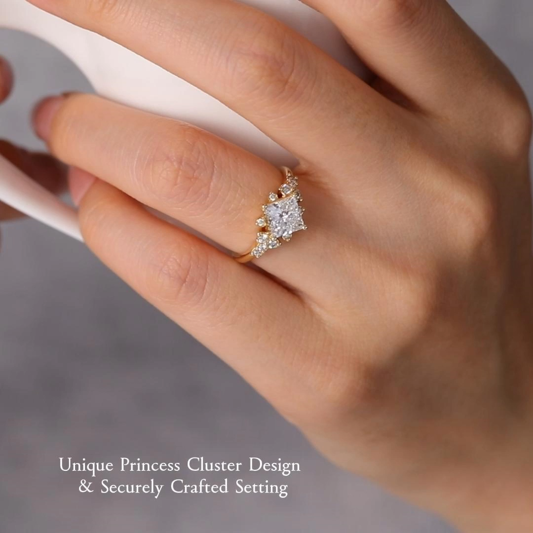 1.5ct Princess Cut Lab Grown Diamond Round Cluster Engagement Ring in White Gold
