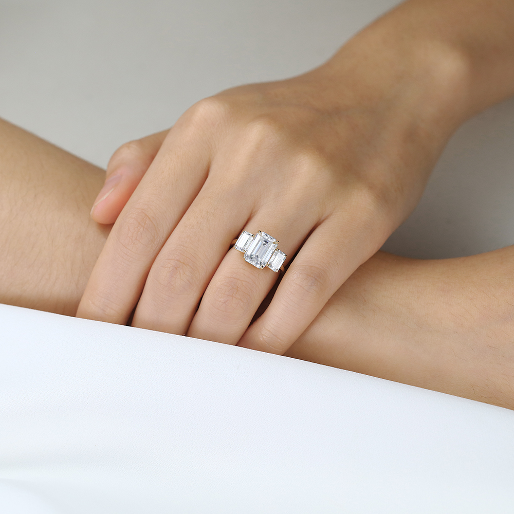 3ct Emerald Cut Engagement Rings​ Three-Stone Lab Diamond Ring in Yellow Gold