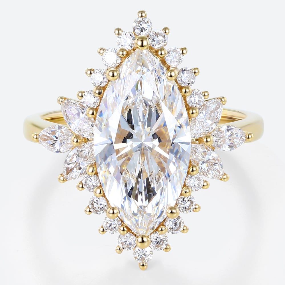 3ct Lab Grown Diamond Rings​ Marquise Floral Halo Cluster 6-Prong Ring in Yellow Gold