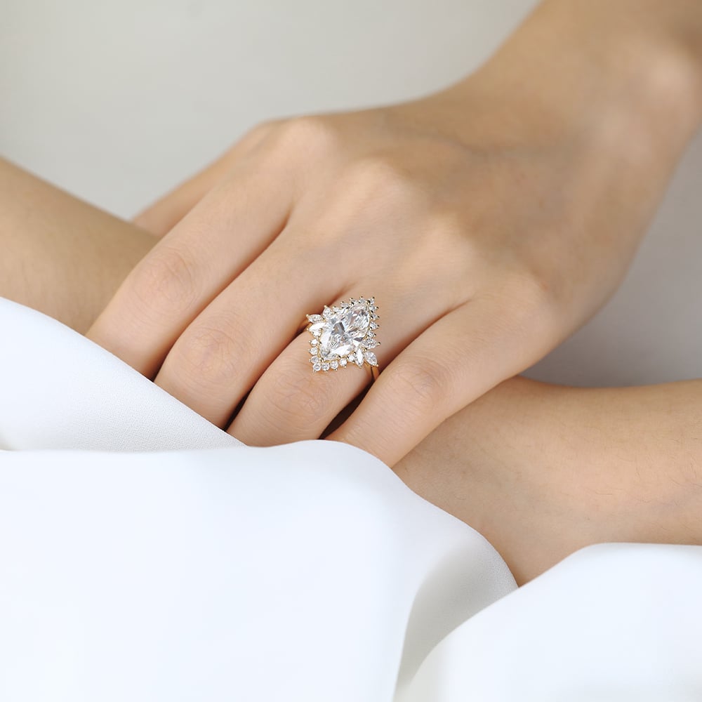 3ct Lab Grown Diamond Rings​ Marquise Floral Halo Cluster 6-Prong Ring in Yellow Gold
