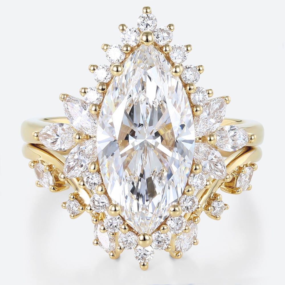 Marquise Cut Lab Grown Diamond Rings​ Set 3ct Floral Halo Ring Set in Yellow Gold