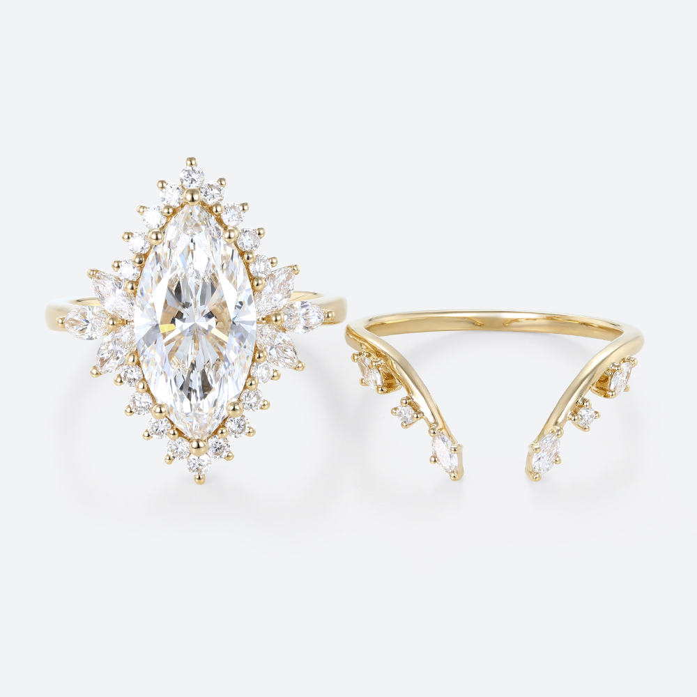 Marquise Cut Lab Grown Diamond Rings​ Set 3ct Floral Halo Ring Set in Yellow Gold