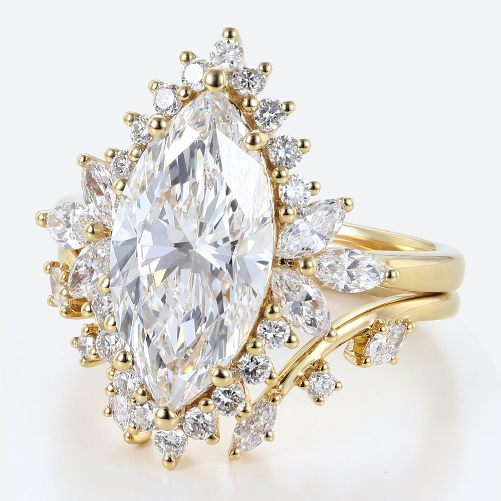 Marquise Cut Lab Grown Diamond Rings​ Set 3ct Floral Halo Ring Set in Yellow Gold