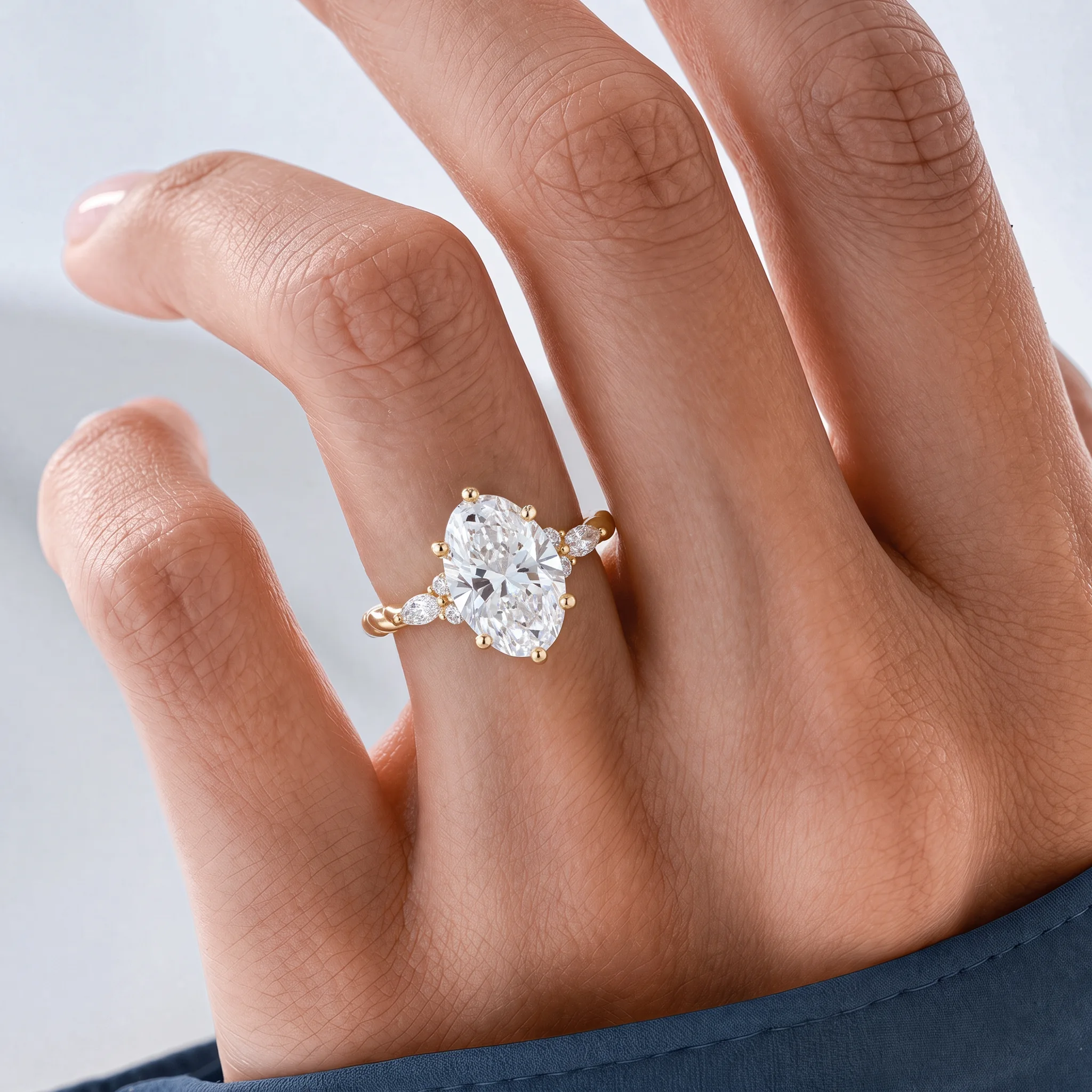 3ct Oval Cut Lab Grown Diamond Twisted Marquise Accent Engagement Ring in Yellow Gold