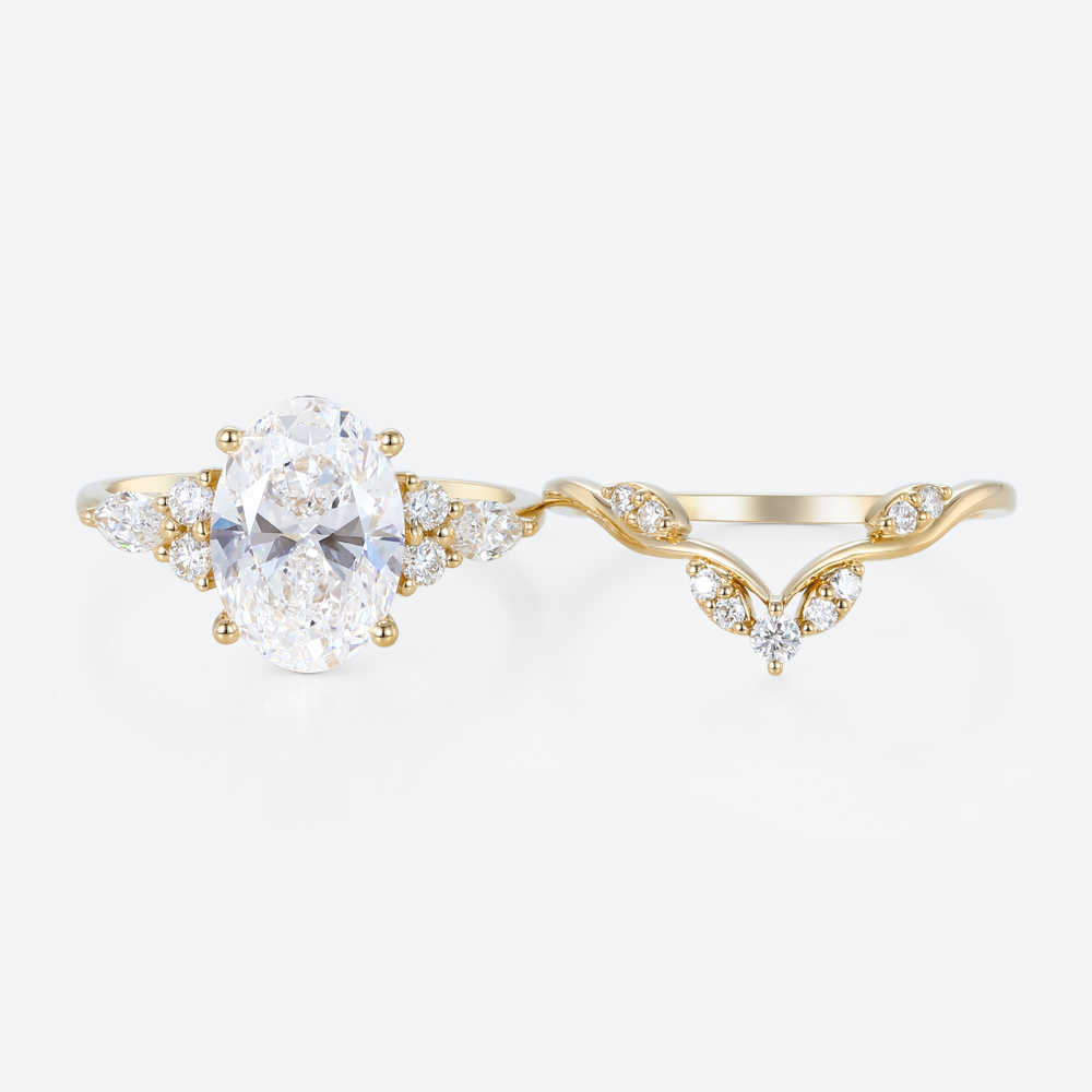3ct Oval Cut Lab Diamond Ring Set Seamless Stacking Bridal Ring Set in Yellow Gold