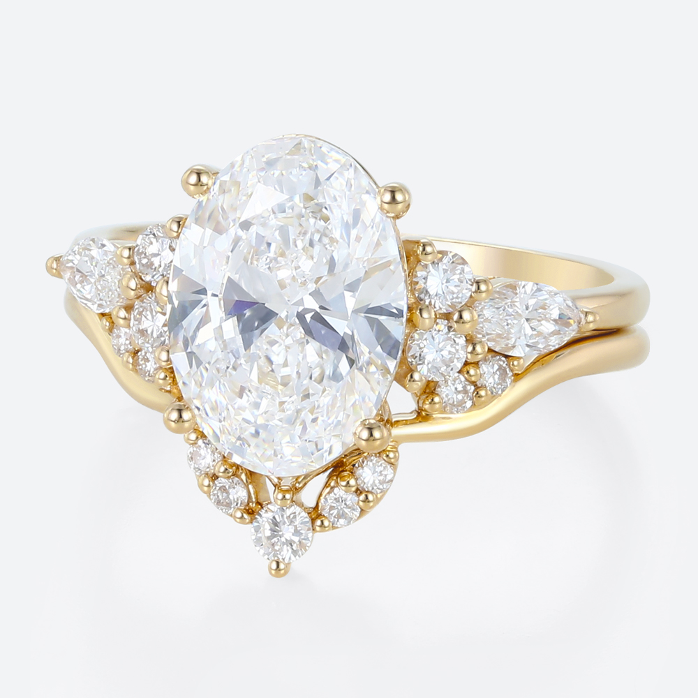 3ct Oval Cut Lab Diamond Ring Set Seamless Stacking Bridal Ring Set in Yellow Gold